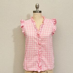 J. CREW Top Pink White Gingham Sleeveless Ruffled Button-Up Cotton